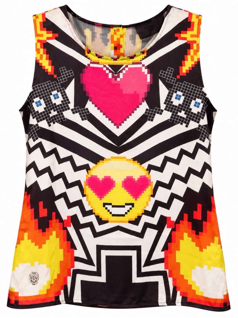 Philipp Plein Couture Silk Pixel Heart Emoji Skull Crystal Y2K Tank Top L NWT